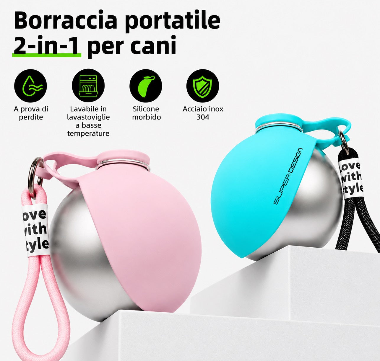 borraccia cani portatile 2 in 1